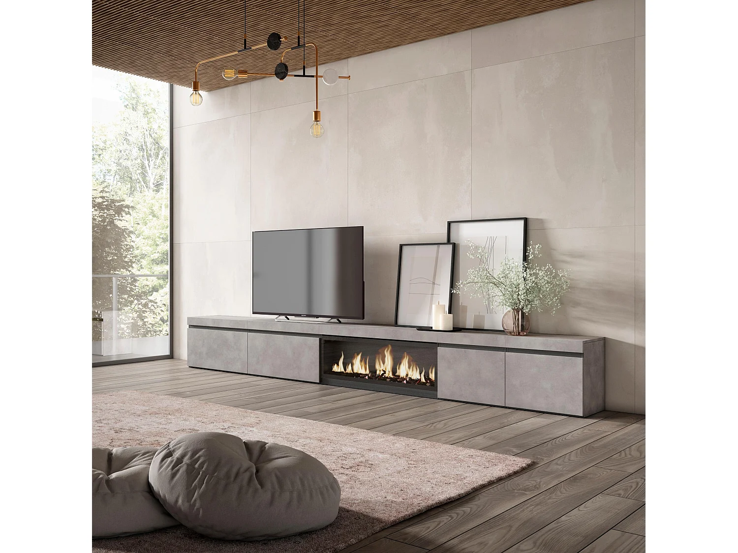 TV-Meubel, Lowboard, 368x35x45cm, Elektrische haard XXL, Cement