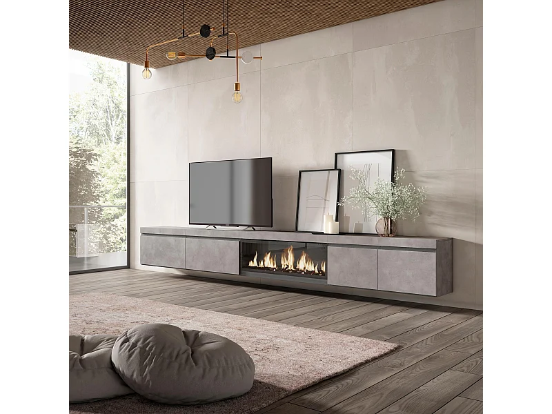 Meuble TV, Banc Télé, 368x35x45, Cheminée électrique XXL, Suspendu, Mural, Ciment