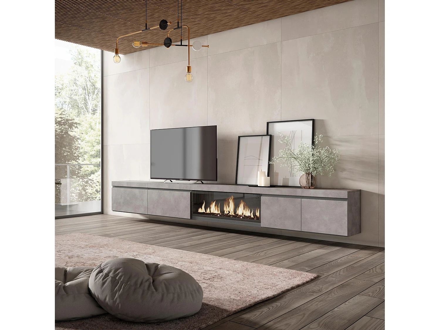 Meuble TV, Banc Télé, 368x35x45, Cheminée électrique XXL, Suspendu, Mural, Ciment