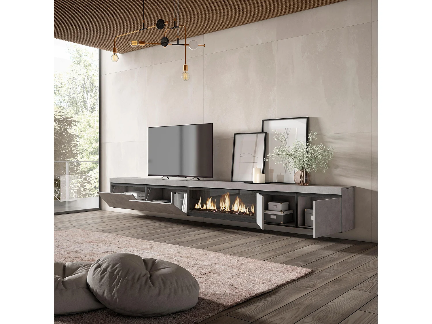 Meuble TV, Banc Télé, 368x35x45, Cheminée électrique XXL, Suspendu, Mural, Ciment