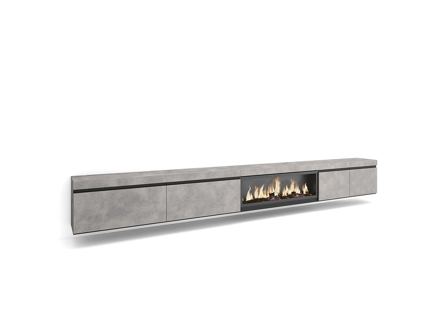 TV-Schrank - Lowboard - 368x35x45cm - Elektrokamin XXL - Hängend - Zement