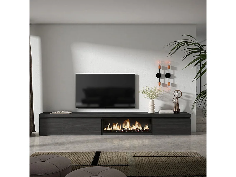 TV-Meubel, Lowboard, 317x35x45 cm, Elektrische haard XXL, Zwart