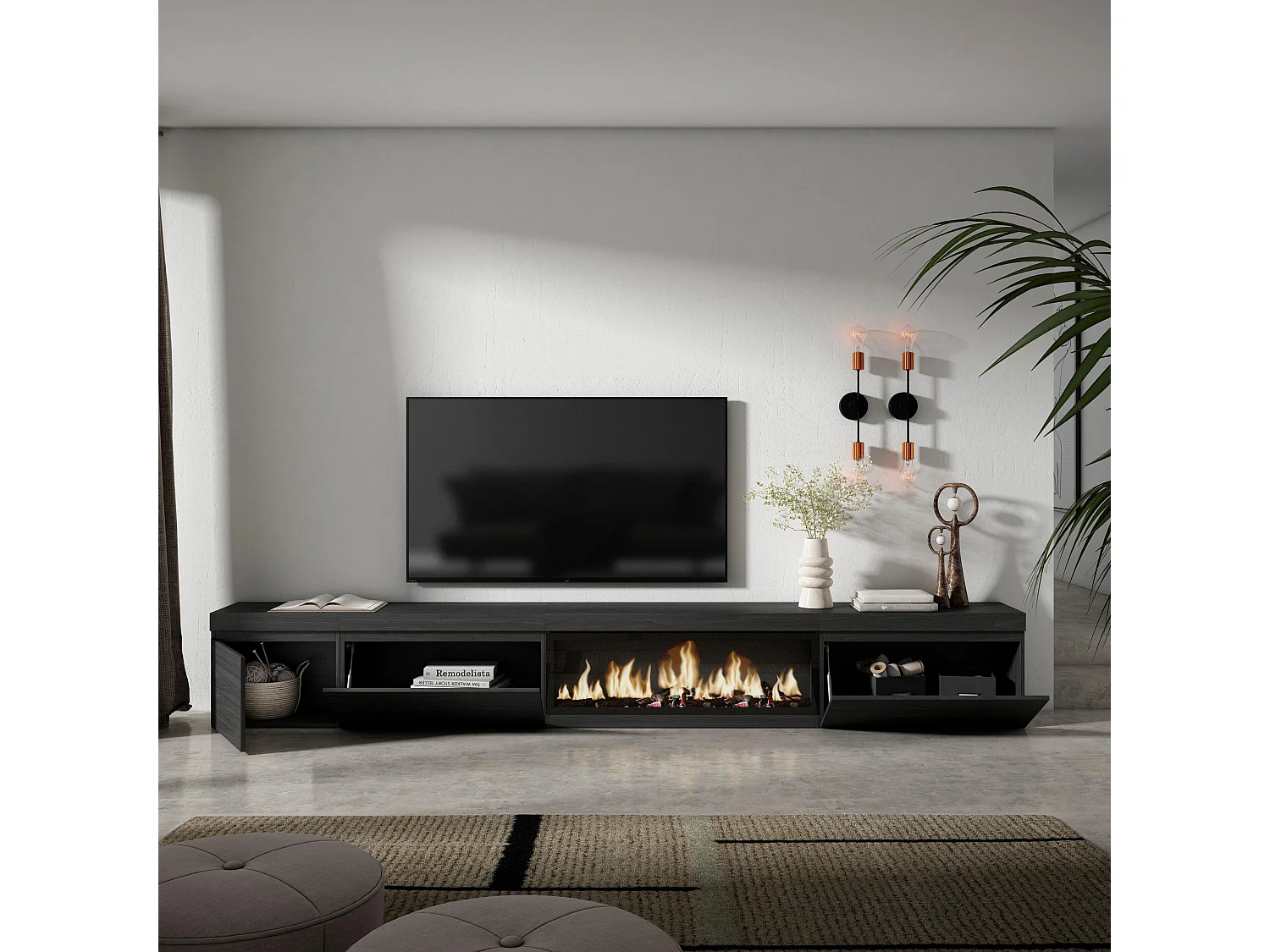 Meuble TV, Banc Télé, 317x35x45 cm, Cheminée électrique XXL, Noir