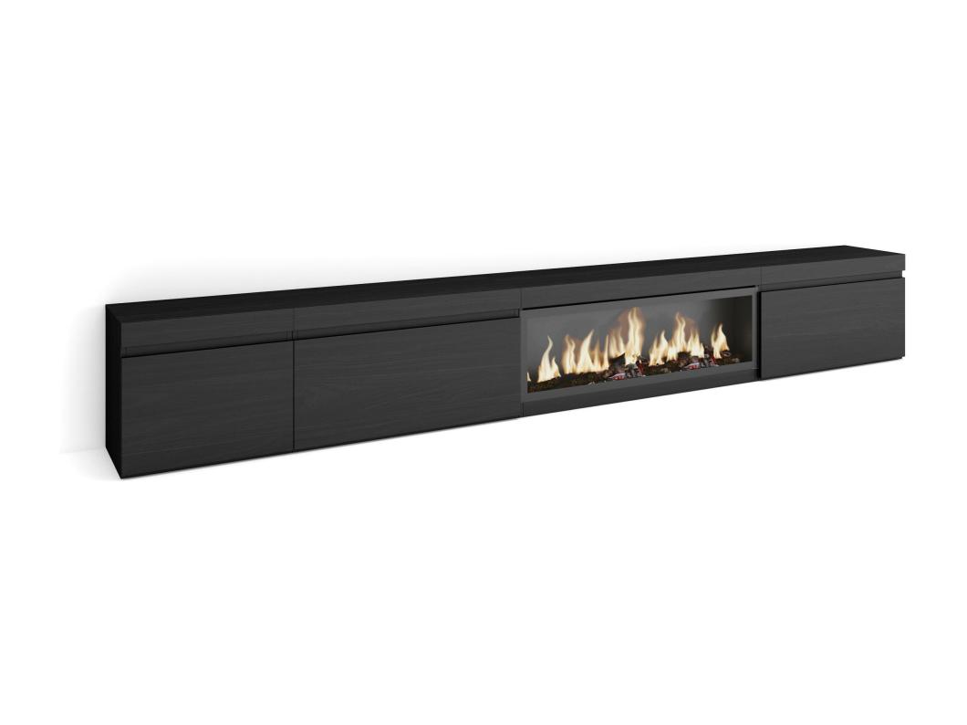 TV-Meubel, Lowboard, 317x45x35 cm, Elektrische haard XXL, Zwart