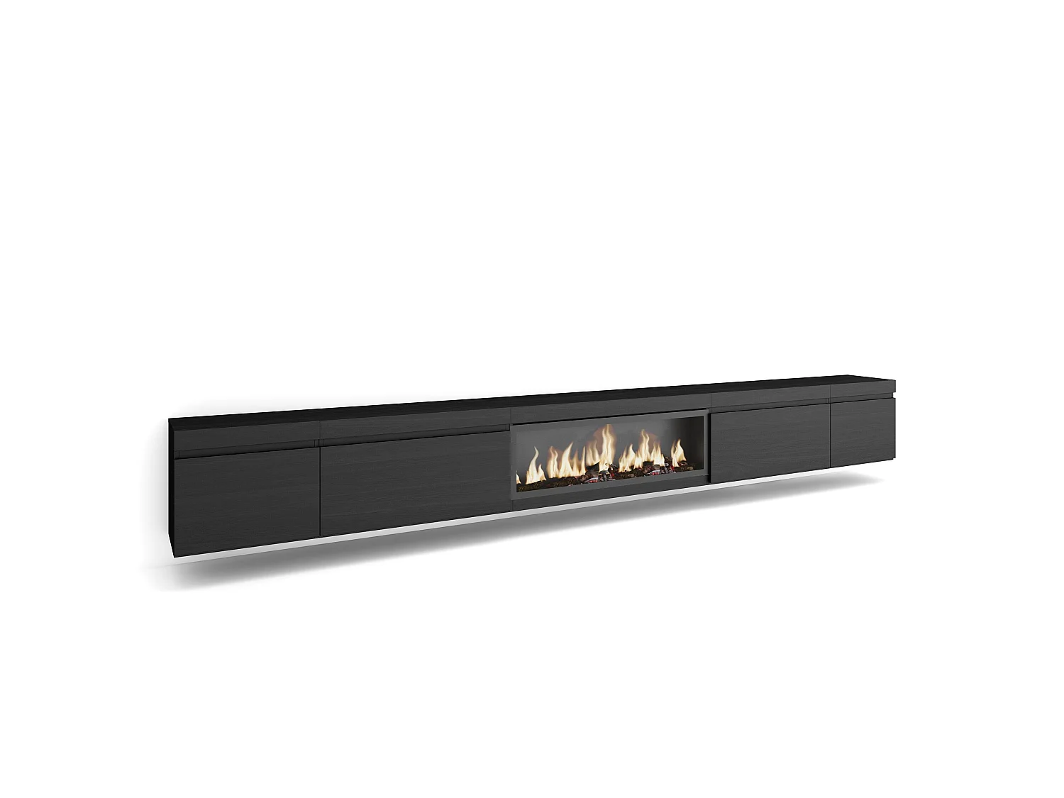 TV-Meubel, Lowboard, 368x35x45cm, Elektrische haard XXL, Hangend, Zwart