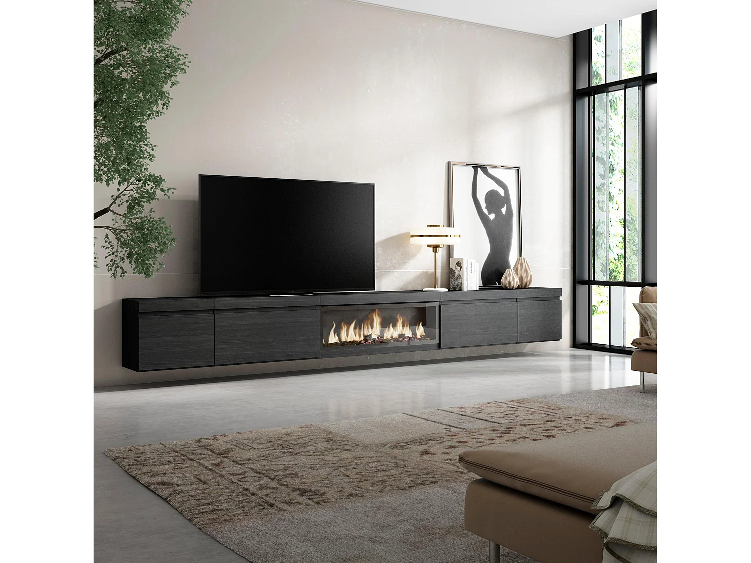 TV-Meubel, Lowboard, 368x35x45cm, Elektrische haard XXL, Hangend, Zwart