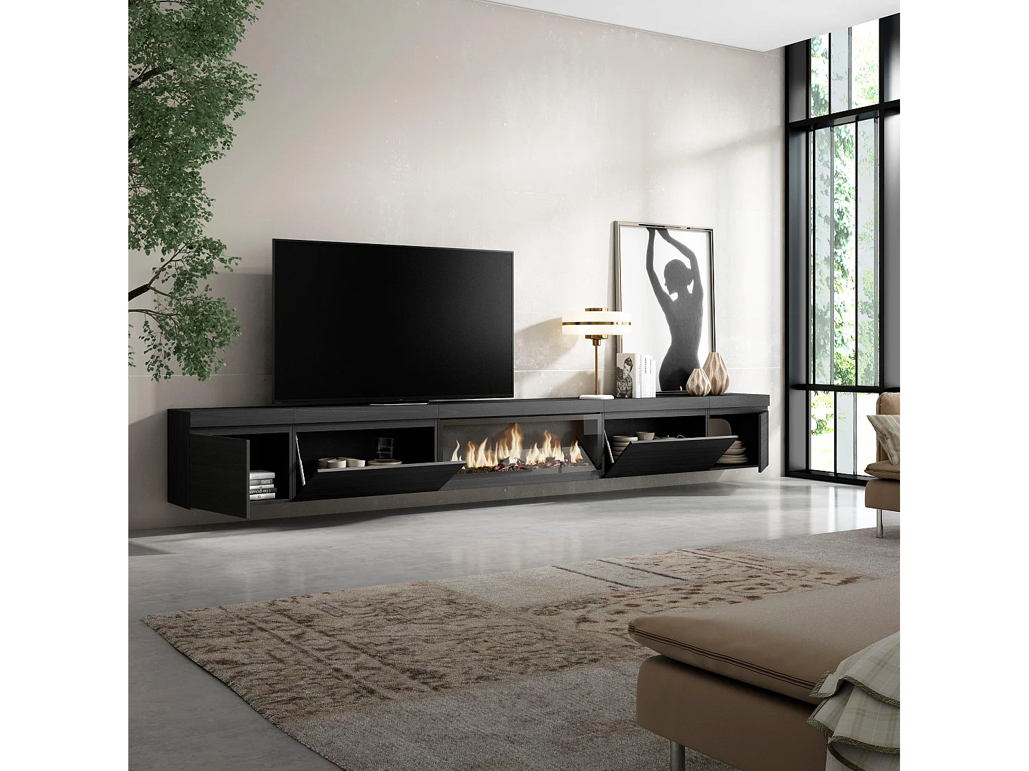 TV-Meubel, Lowboard, 368x35x45cm, Elektrische haard XXL, Hangend, Zwart