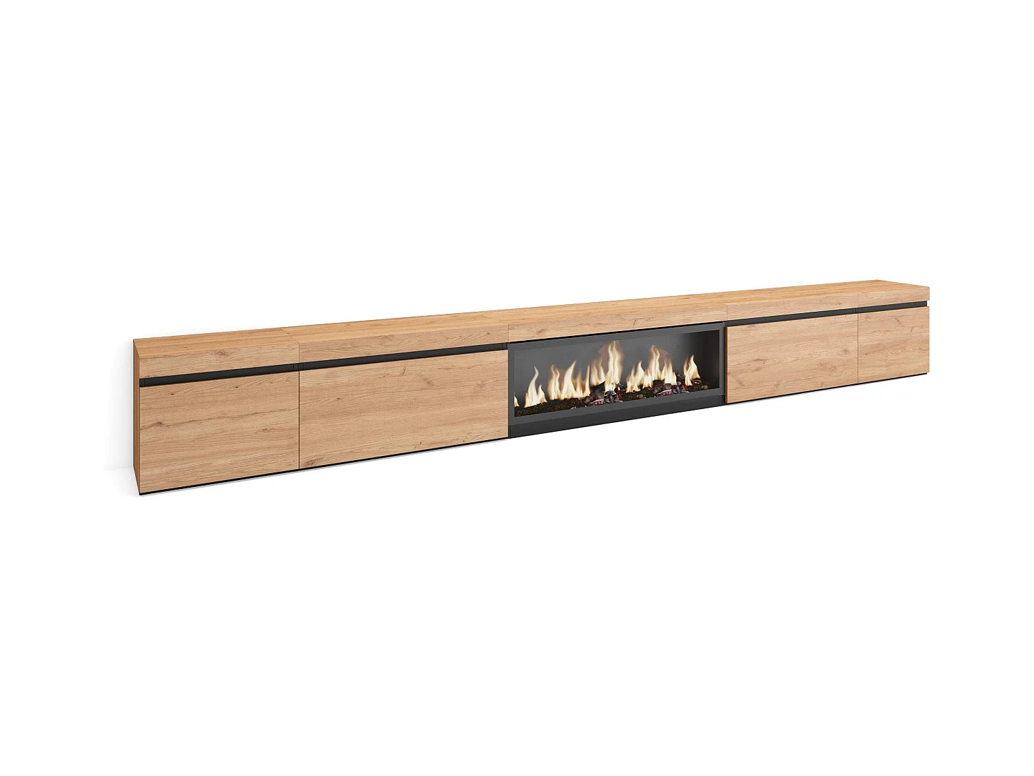 Meuble TV, Banc Télé, 368x35x45, Cheminée électrique XXL, Chêne
