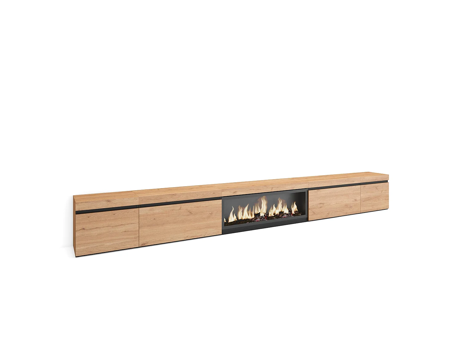 Meuble TV, Banc Télé, 368x35x45cm, Cheminée électrique XXL, Chêne
