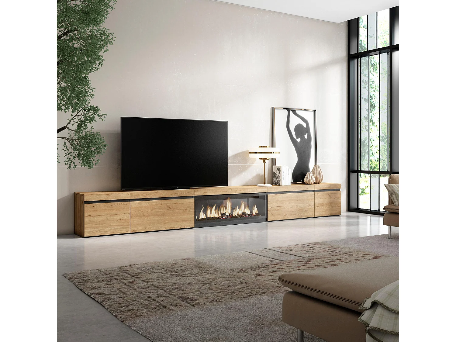 Meuble TV, Banc Télé, 368x35x45cm, Cheminée électrique XXL, Chêne
