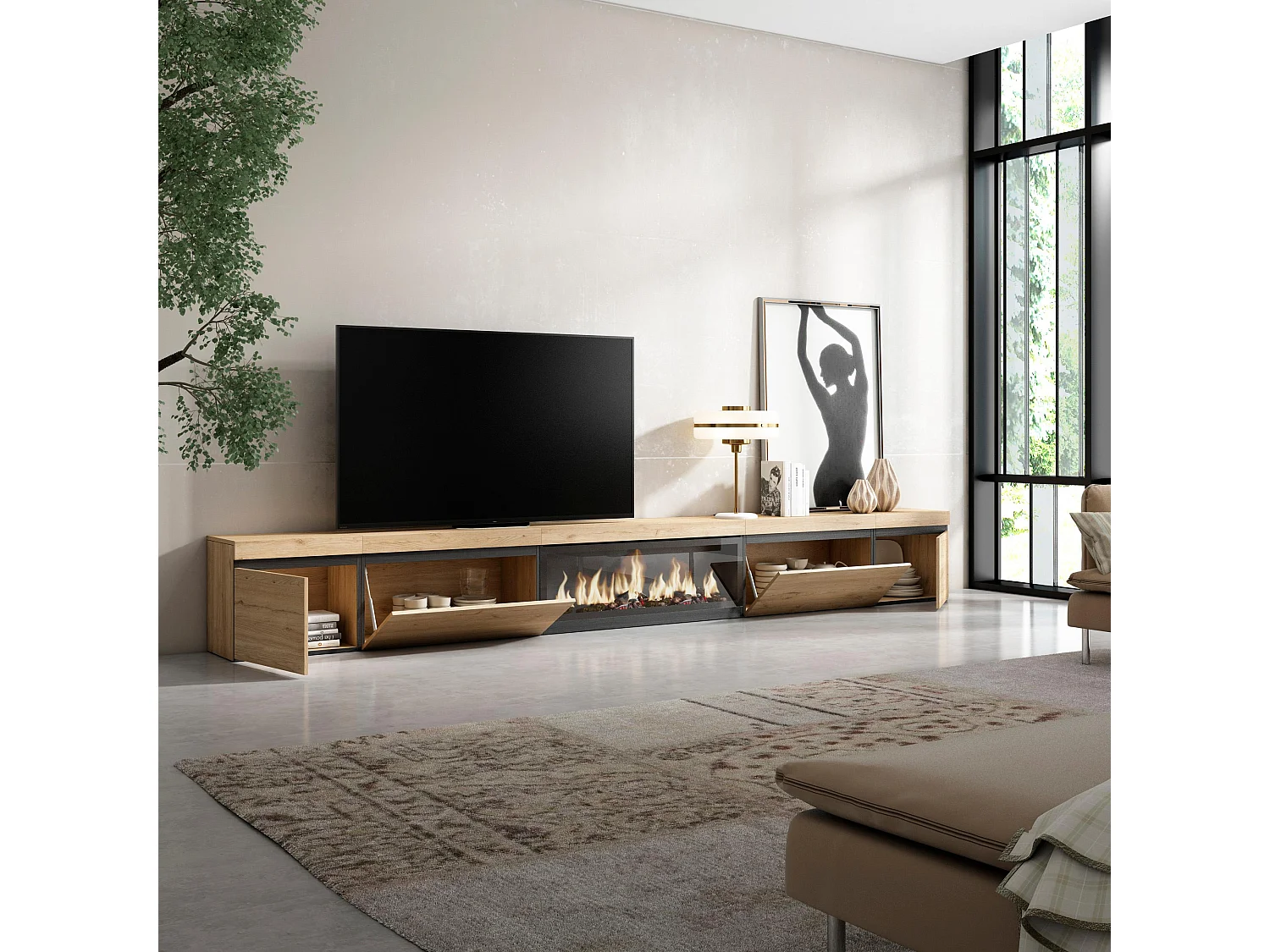 Meuble TV, Banc Télé, 368x35x45cm, Cheminée électrique XXL, Chêne