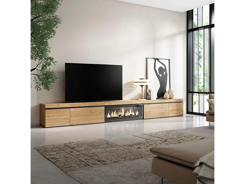 Meuble TV, Banc Télé, 368x35x45, Cheminée électrique XXL, Chêne
