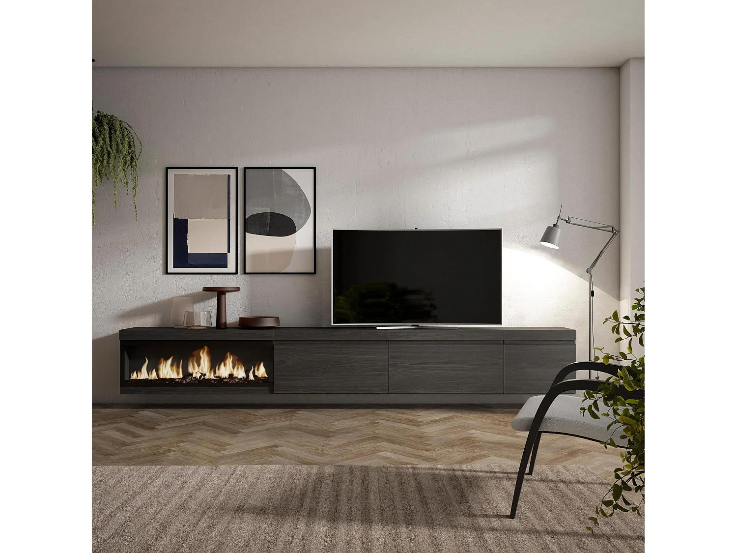 Meuble TV, Banc Télé, 317x35x45 cm, Cheminée électrique XXL, Suspendu, Mural, Noir