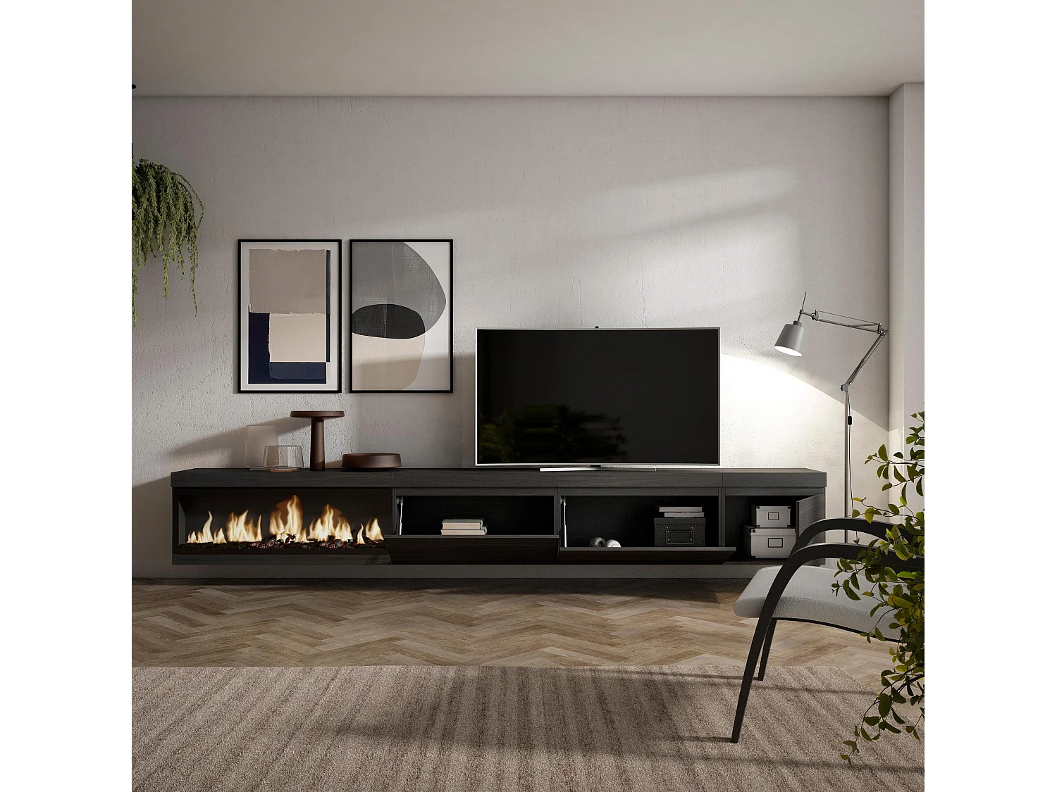 Meuble TV, Banc Télé, 317x35x45cm, Cheminée électrique XXL, Suspendu, Mural, Noir