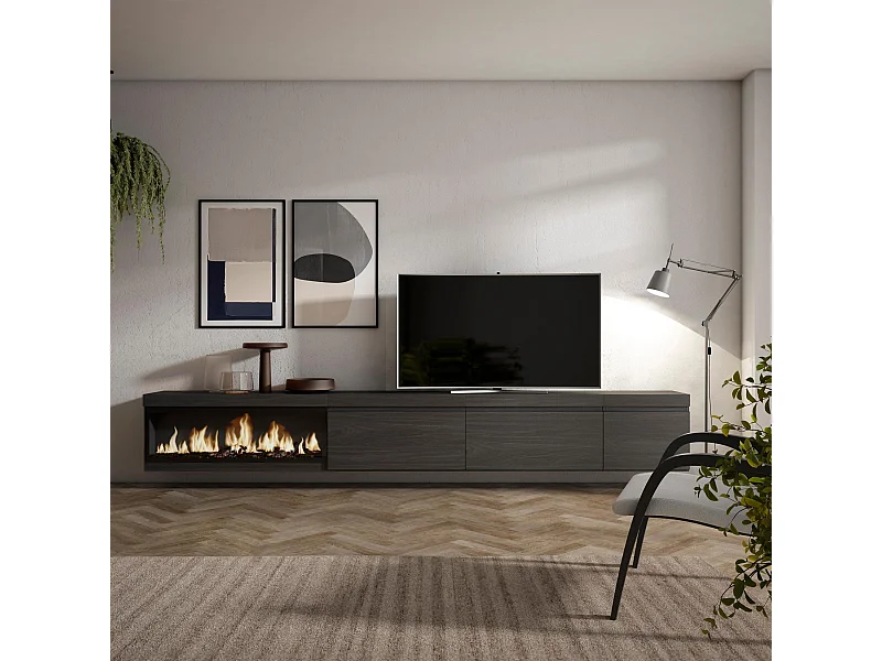 TV-Schrank, Lowboard, 317x35x45cm, Elektrokamin XXL, Hängend, Schwarz