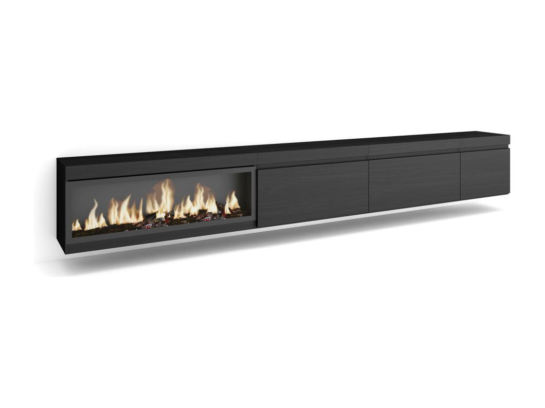 TV-Meubel, Lowboard, 317x45x35 cm, Elektrische haard XXL, Hangend, Zwart