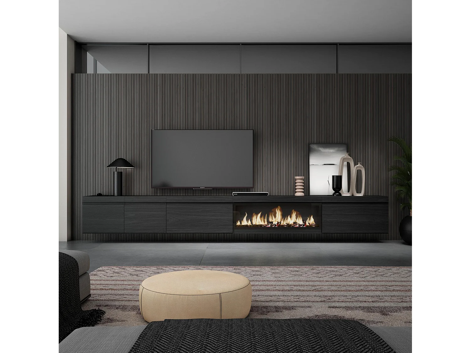 TV-Schrank, Lowboard, 368x35x45cm, Elektrokamin XXL, Hängend, Schwarz