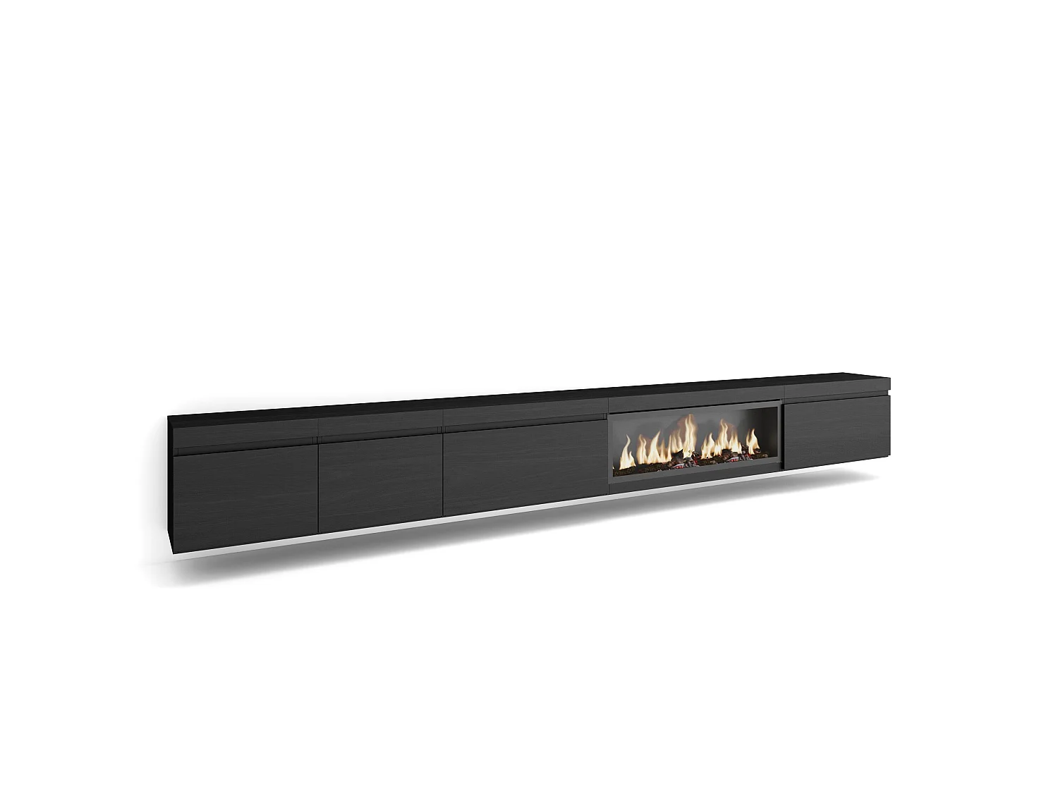 Meuble TV, Banc Télé, 368x35x45cm, Cheminée électrique XXL, Suspendu, Mural, Noir