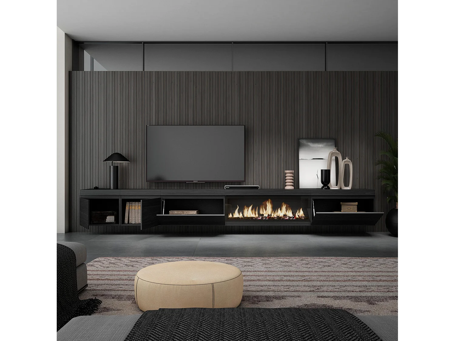 Meuble TV, Banc Télé, 368x35x45cm, Cheminée électrique XXL, Suspendu, Mural, Noir