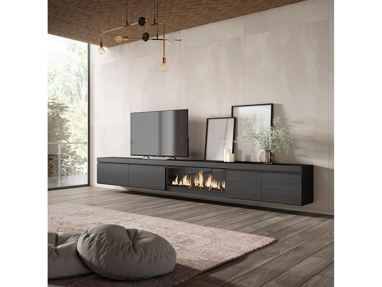 Meuble TV, Banc Télé, 368x35x45cm, Cheminée électrique XXL, Suspendu, Mural, Noir