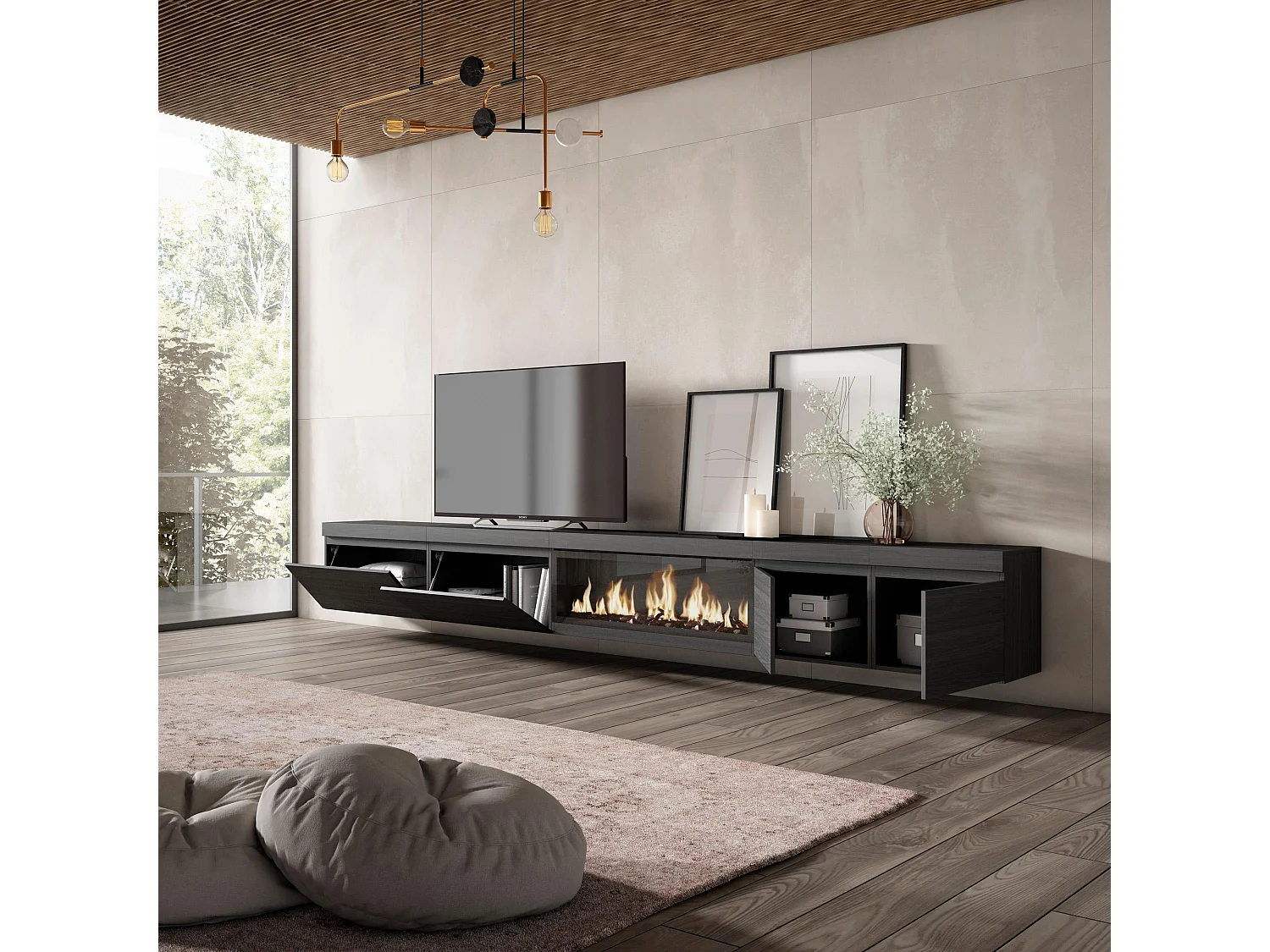Meuble TV, Banc Télé, 368x35x45cm, Cheminée électrique XXL, Suspendu, Mural, Noir