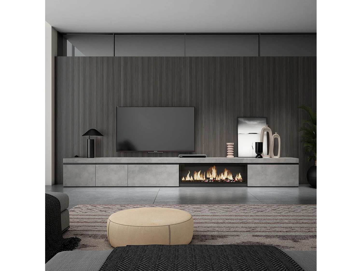 Meuble TV, Banc Télé, 368x35x45, Cheminée électrique XXL, Ciment