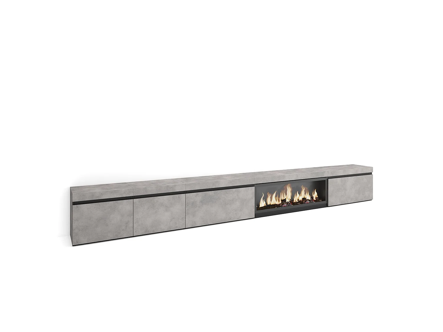 TV-Meubel, Lowboard, 368x35x45cm, Elektrische haard XXL, Cement