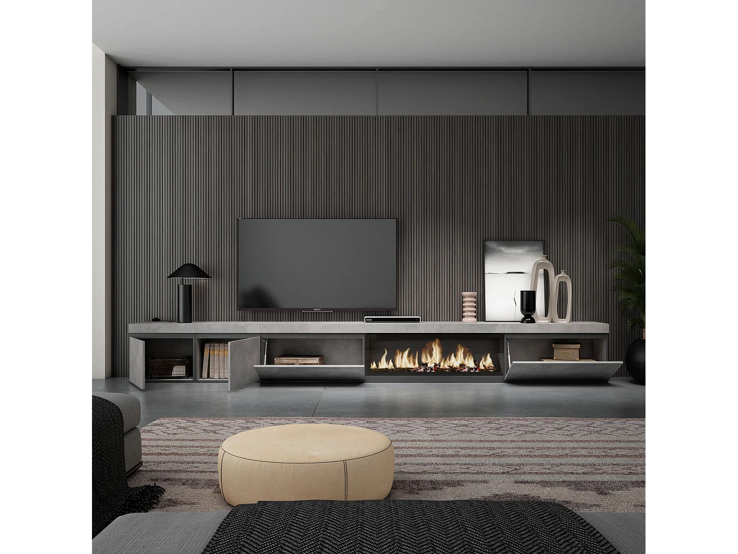 TV-Meubel, Lowboard, 368x35x45cm, Elektrische haard XXL, Cement