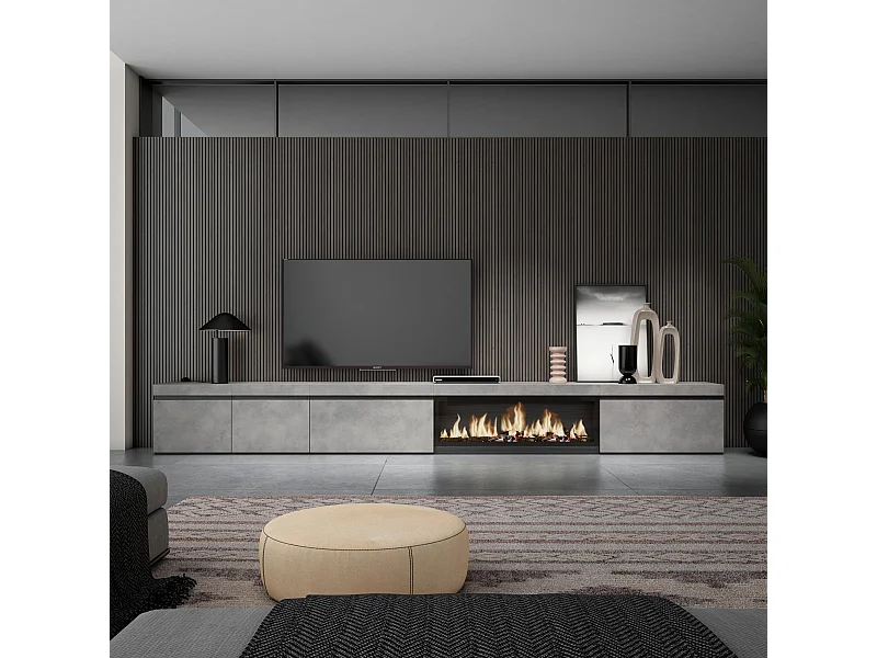 Meuble TV, Banc Télé, 368x35x45, Cheminée électrique XXL, Ciment