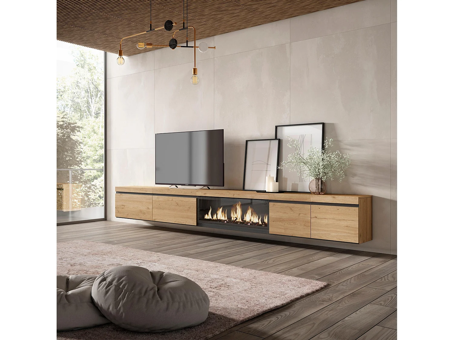 Meuble TV, Banc Télé, 368x35x45cm, Cheminée électrique XXL, Suspendu, Mural, Chêne
