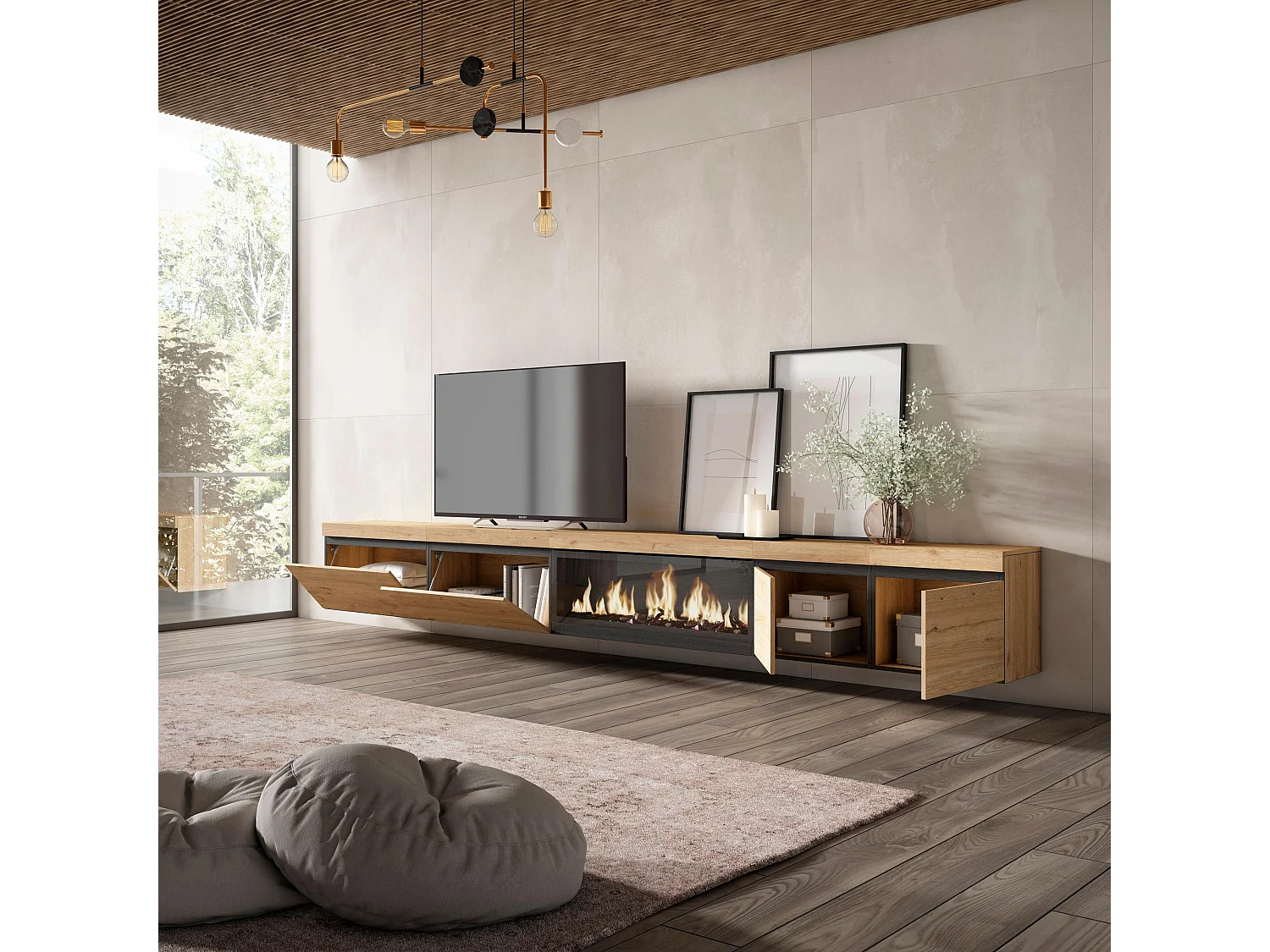 Meuble TV, Banc Télé, 368x35x45cm, Cheminée électrique XXL, Suspendu, Mural, Chêne