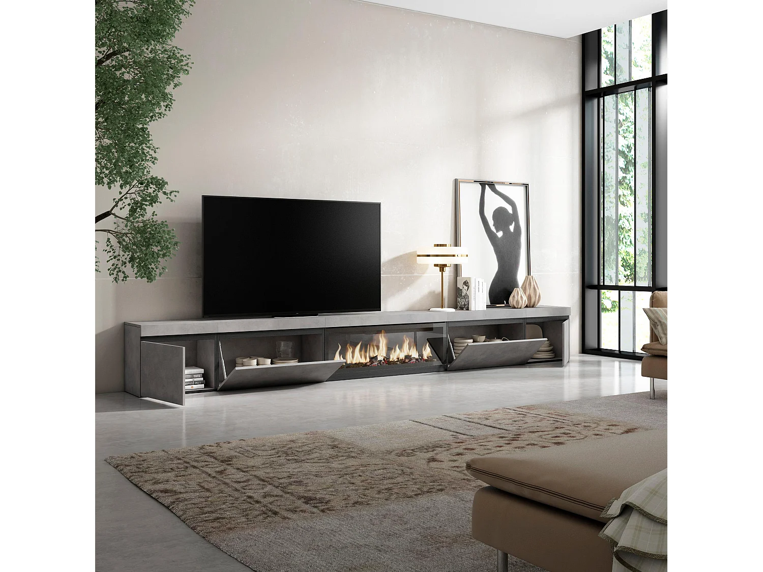 Meuble TV, Banc Télé, 368x35x45, Cheminée électrique XXL, Ciment