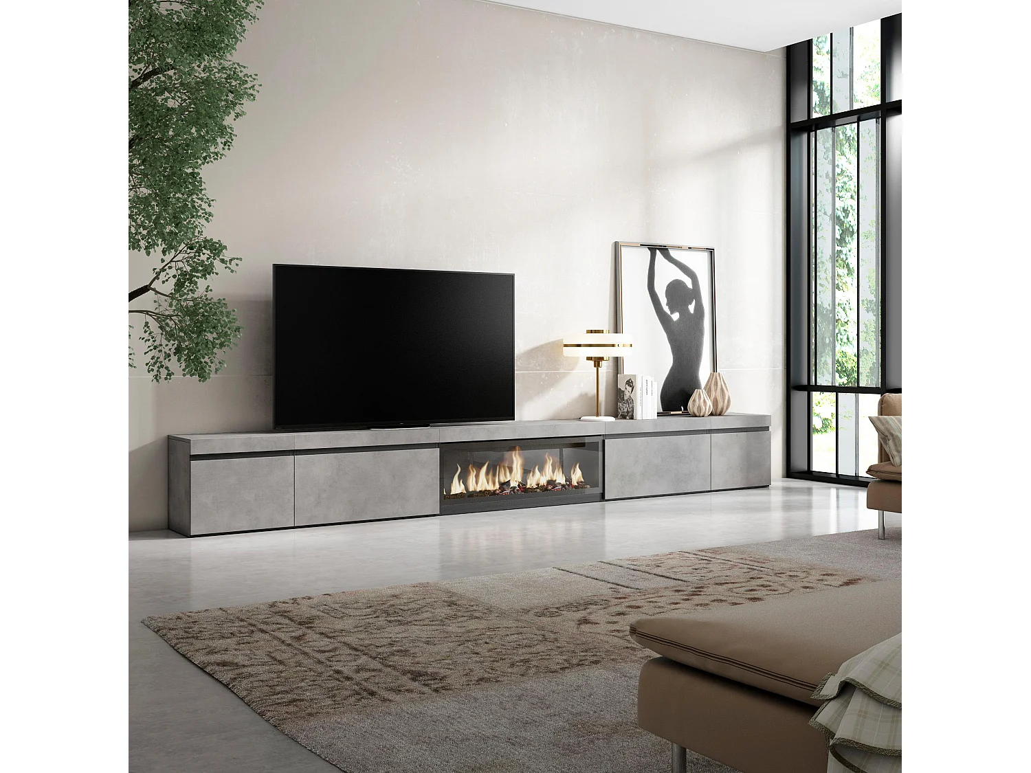 Móvel de TV, 368x35x45, Lareira eléctrica XXL, Cimento