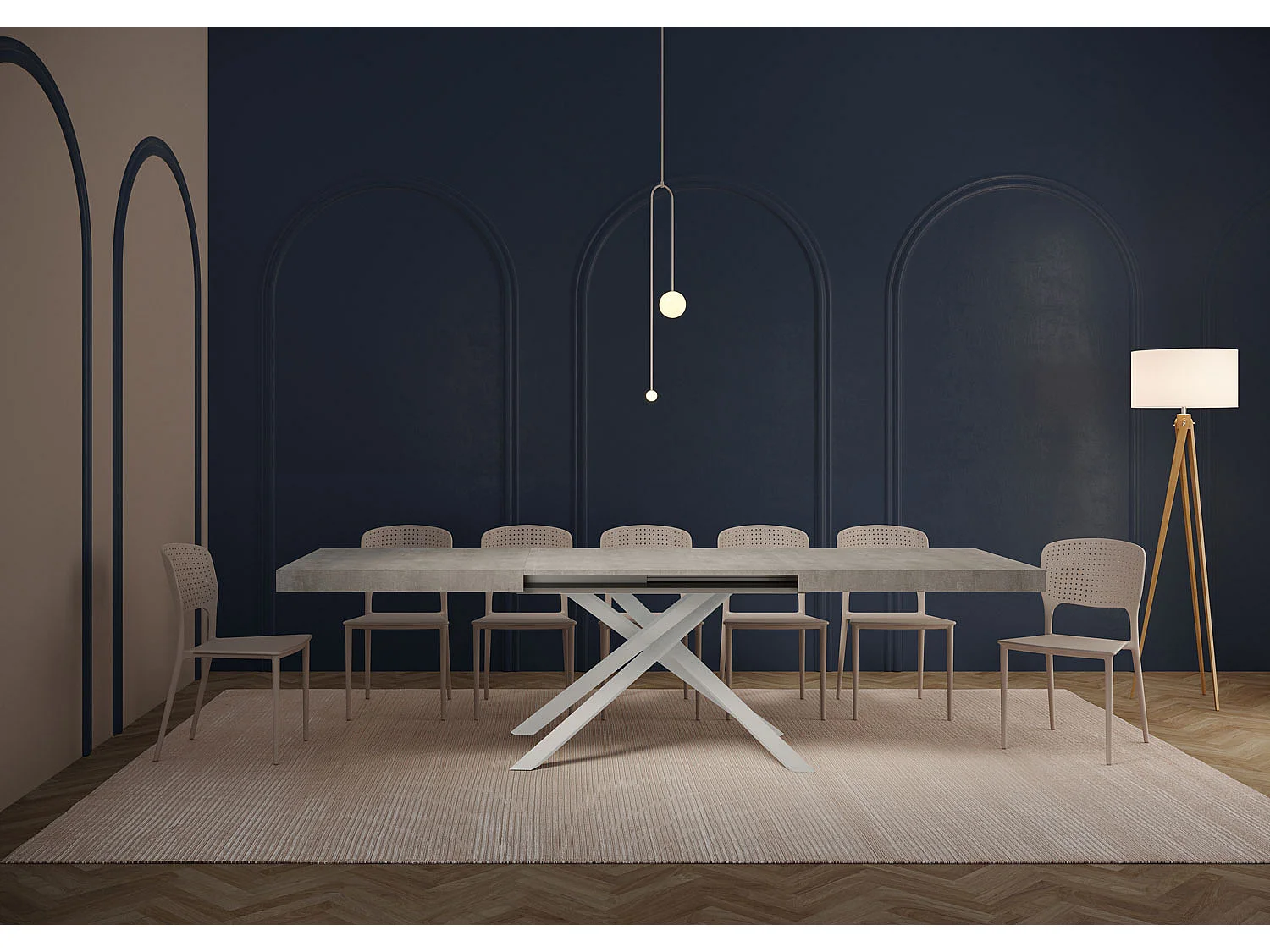 Uitschuifbare tafel 200/304x90 cm Karida cement met wit poten