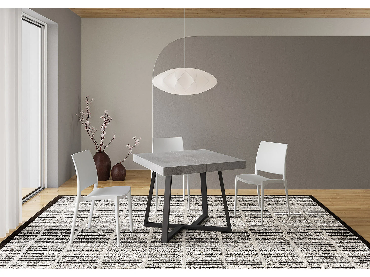 Ausziehtisch 90x90/194 cm Zeplir Zement mit Eisenrahmen aus Anthrazit