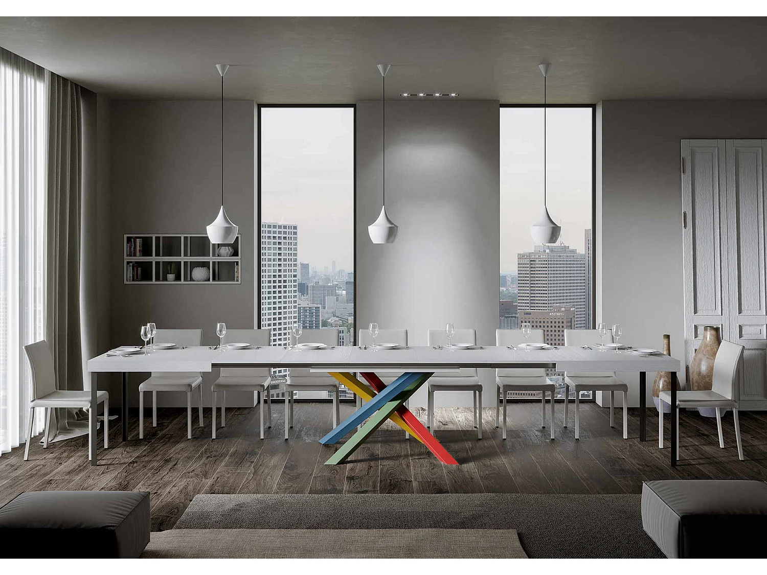 Table extensible 140/400x90 cm Volantis Premium frêne blanc pieds multicolore 4/B