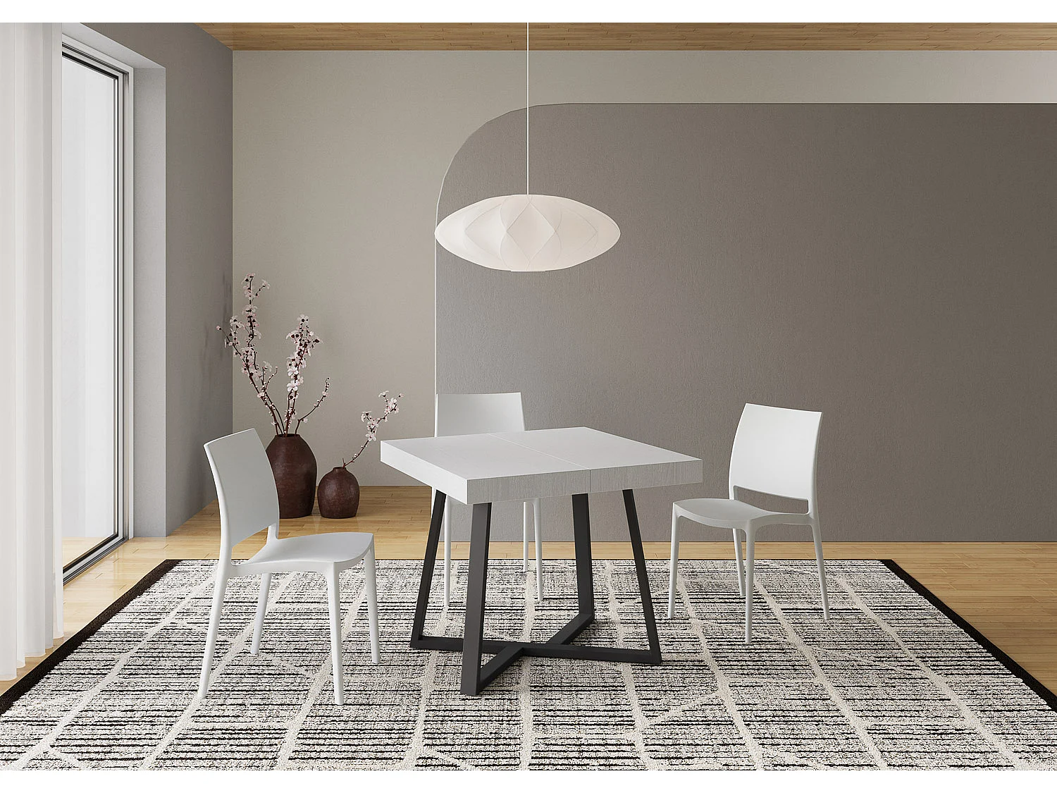 Ausziehtisch 90x90/194 cm Zeplir Esche weiß mit Eisenrahmen aus Anthrazit