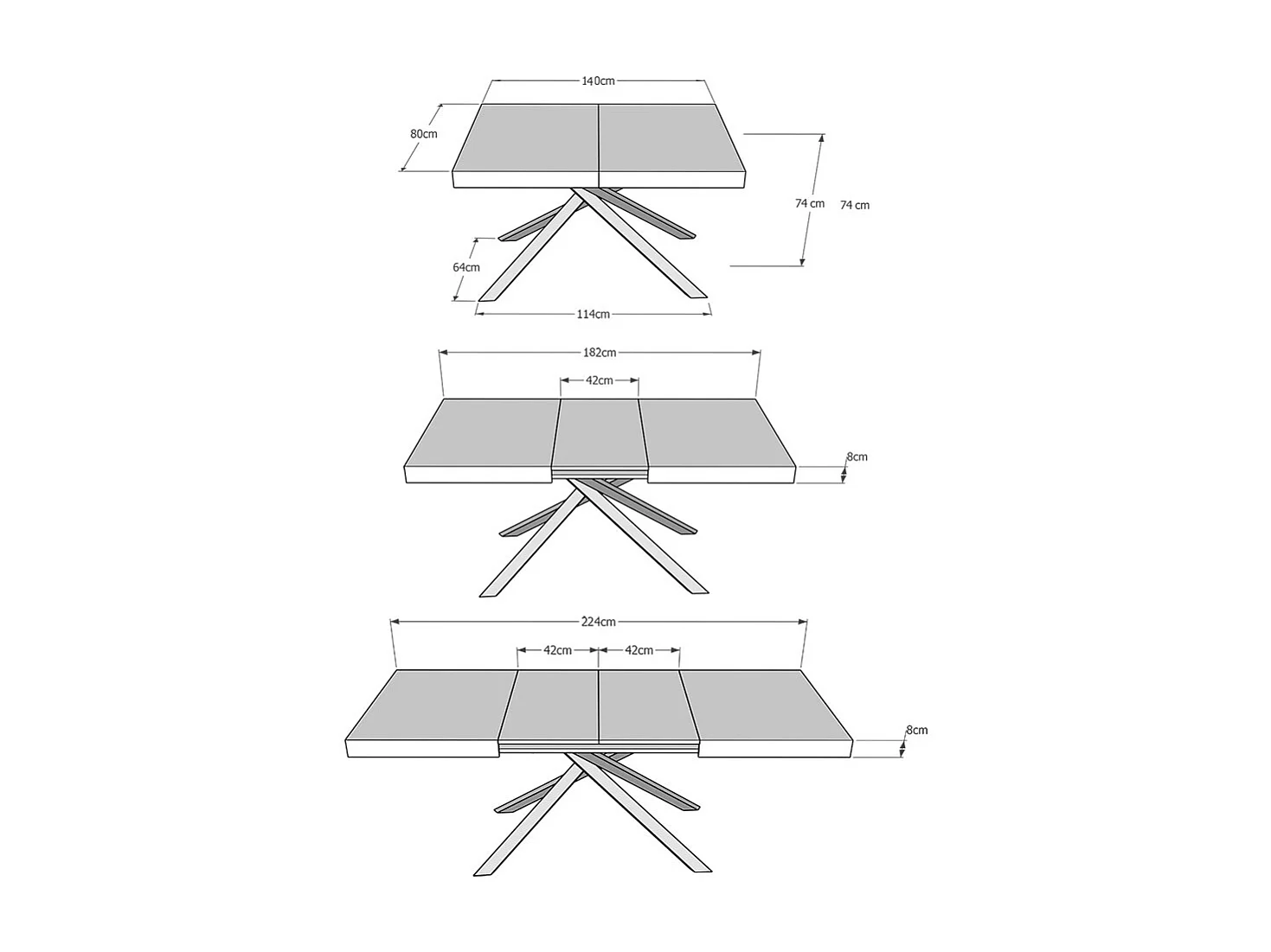 Table extensible 140/224x80 cm Karida frêne blanc pieds anthracite