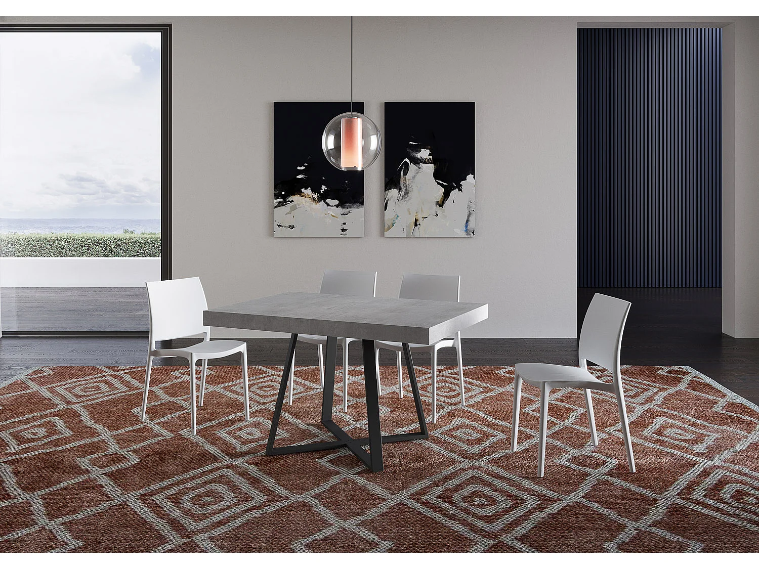 Table extensible 130/390x90 cm Abbraccio effet gris béton pieds anthracite