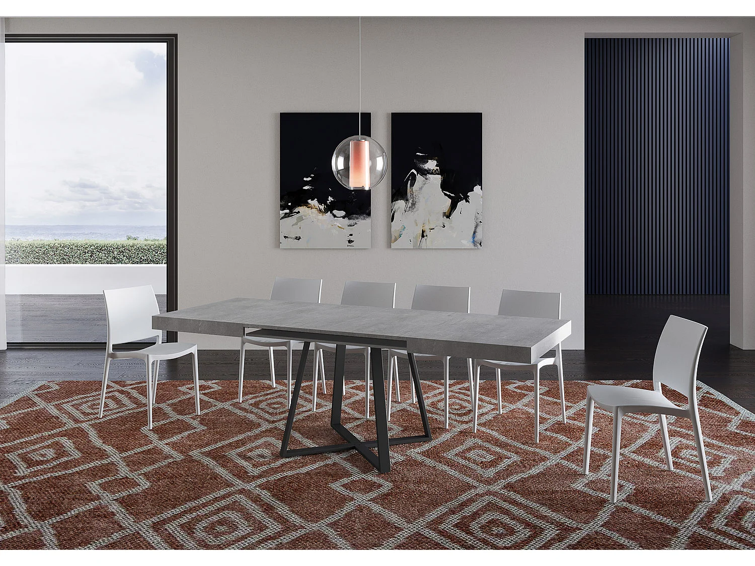 Table extensible 130/390x90 cm Abbraccio effet gris béton pieds anthracite