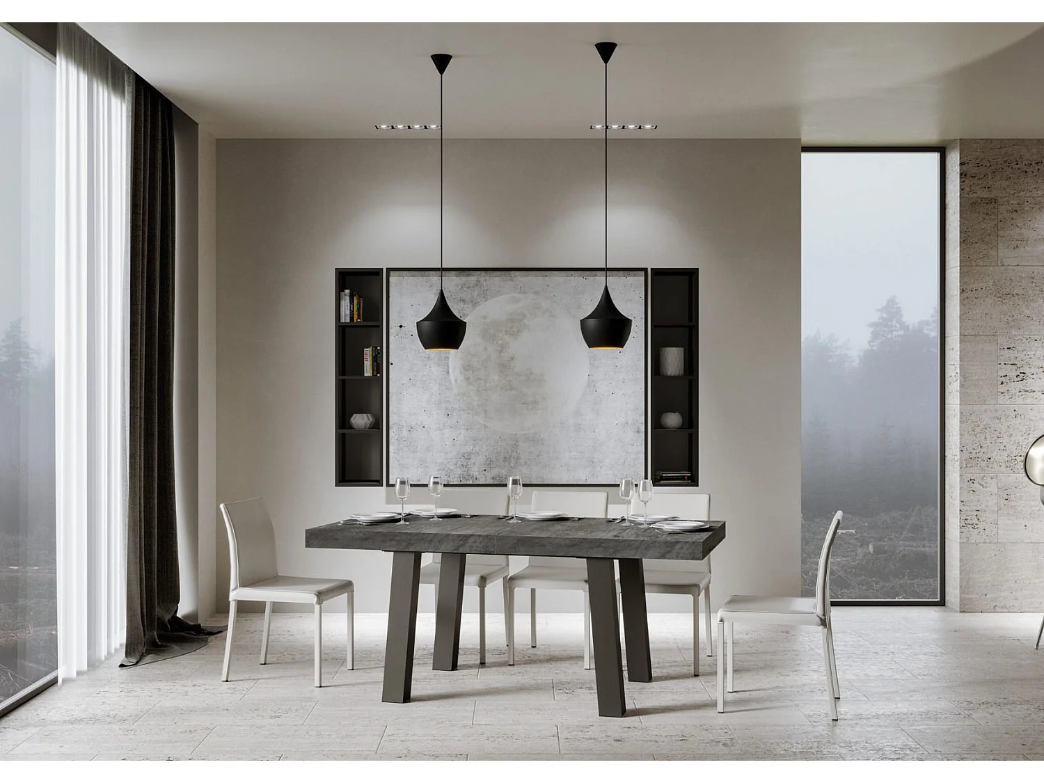 Table extensible 90x200/304 cm Bridge Gris Béton cadre Anthracite