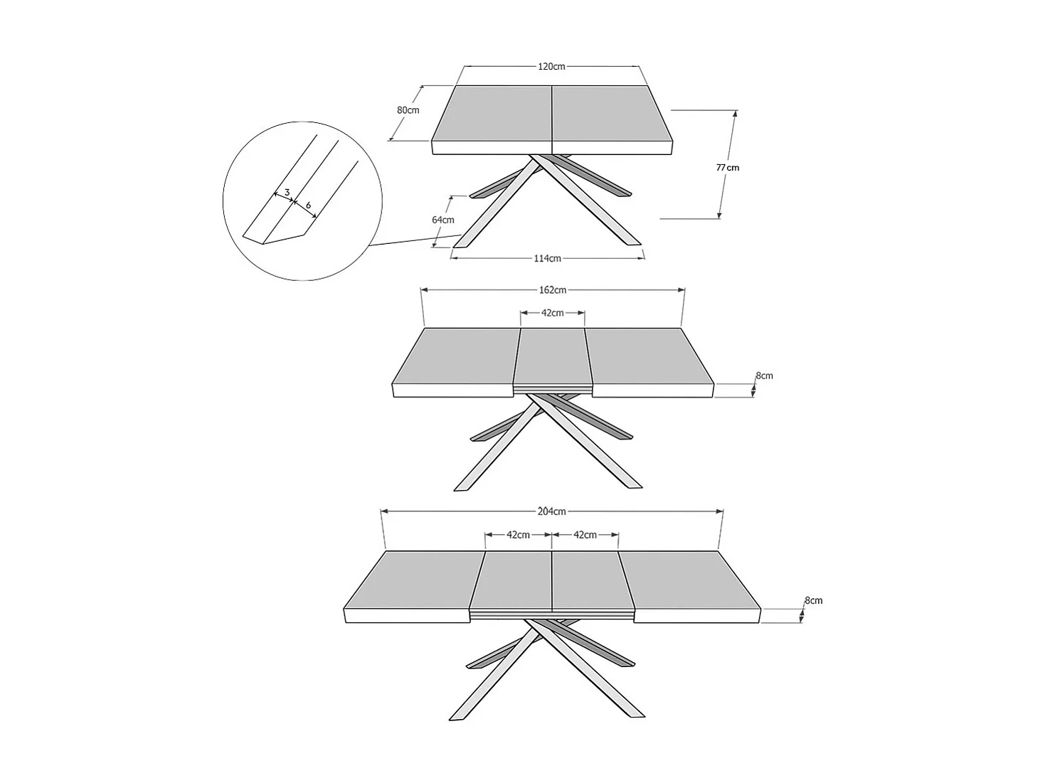 Uitschuifbare tafel 80x120/204 cm Karida kasjmier frame antraciet
