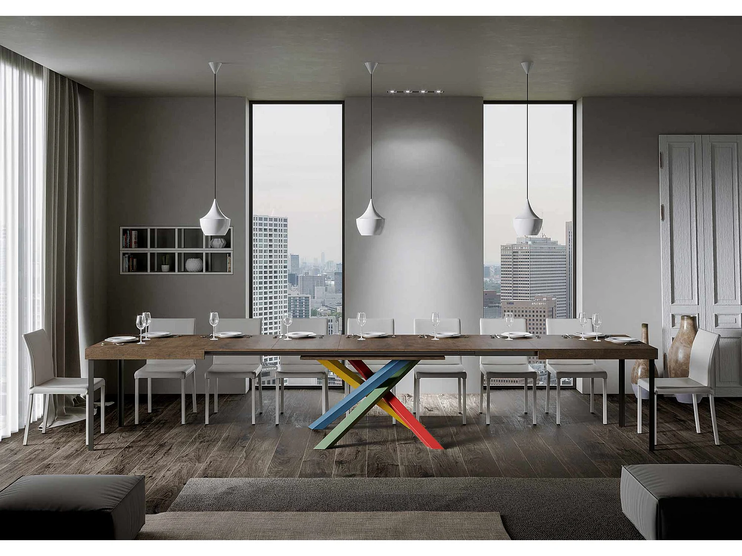 Mesa de jantar extensível 200/460x90 cm Volantis nogueira pernas multicoloridas 4/B