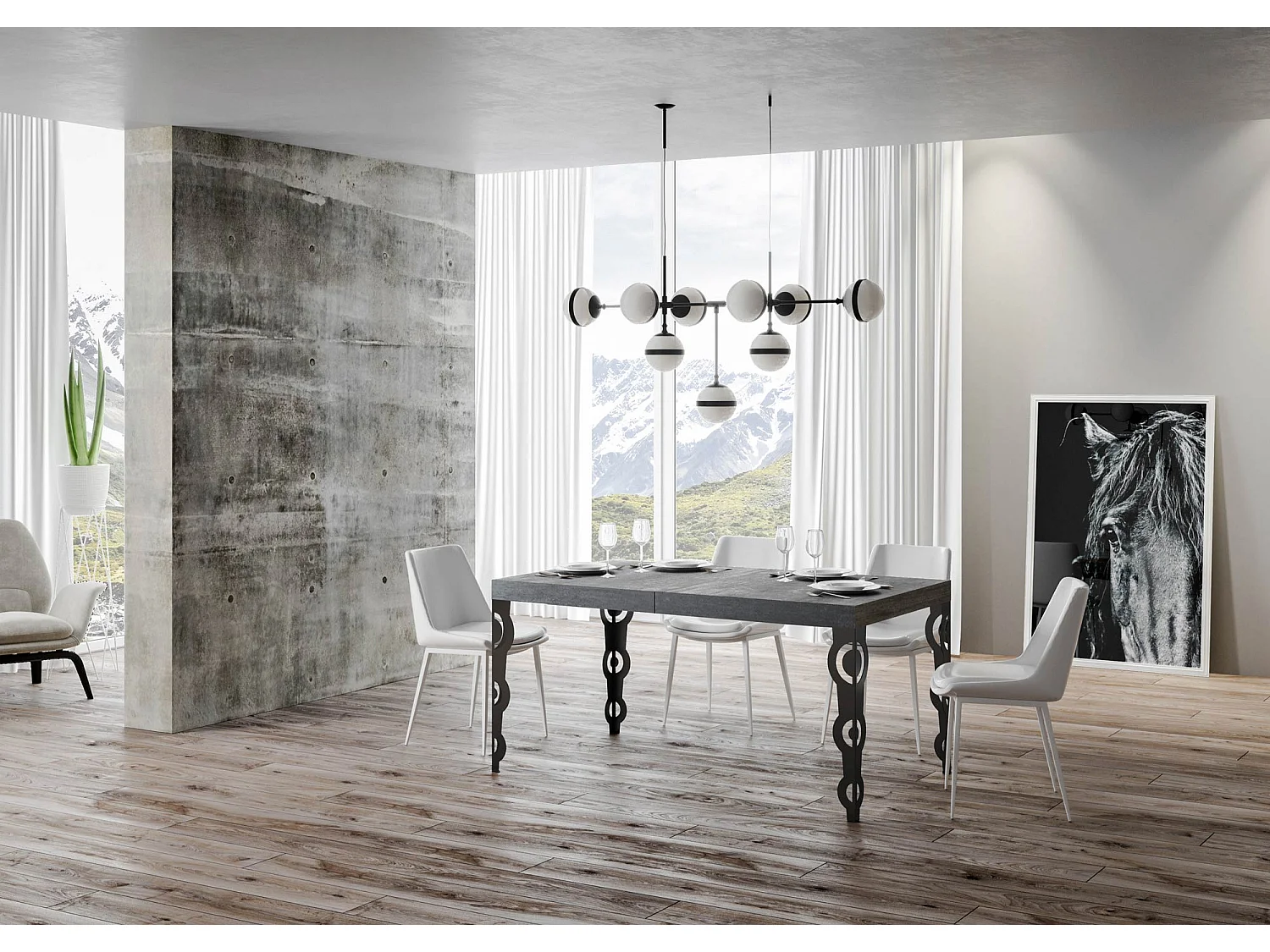 Table extensible 80x140/224 cm Karamay Gris Béton cadre Anthracite