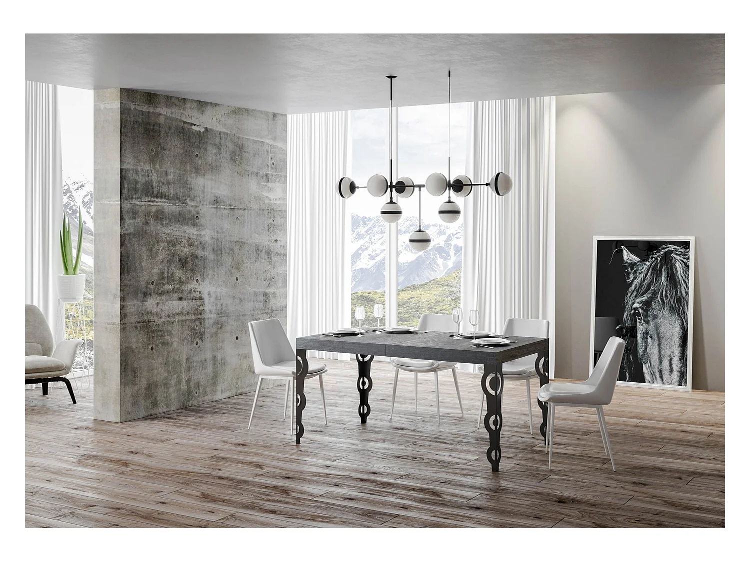 Table extensible 80x140/224 cm Karamay Gris Béton cadre Anthracite