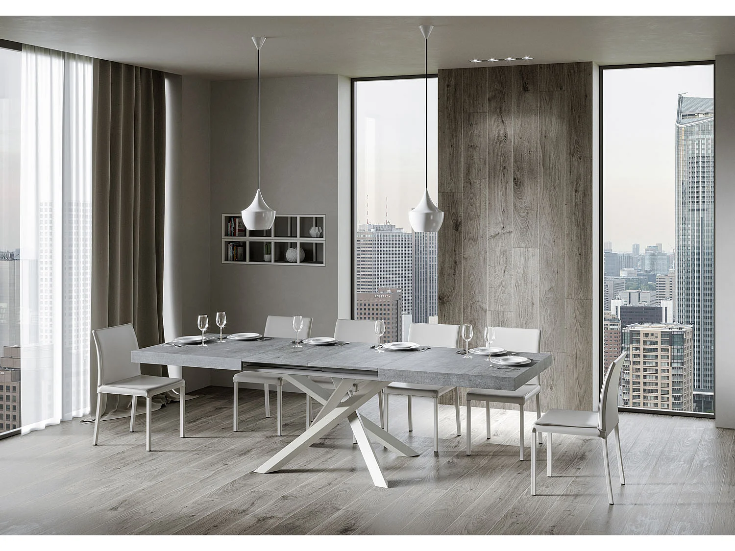 Tavolo allungabile 180/440x90 cm Volantis cemento gambe bianche