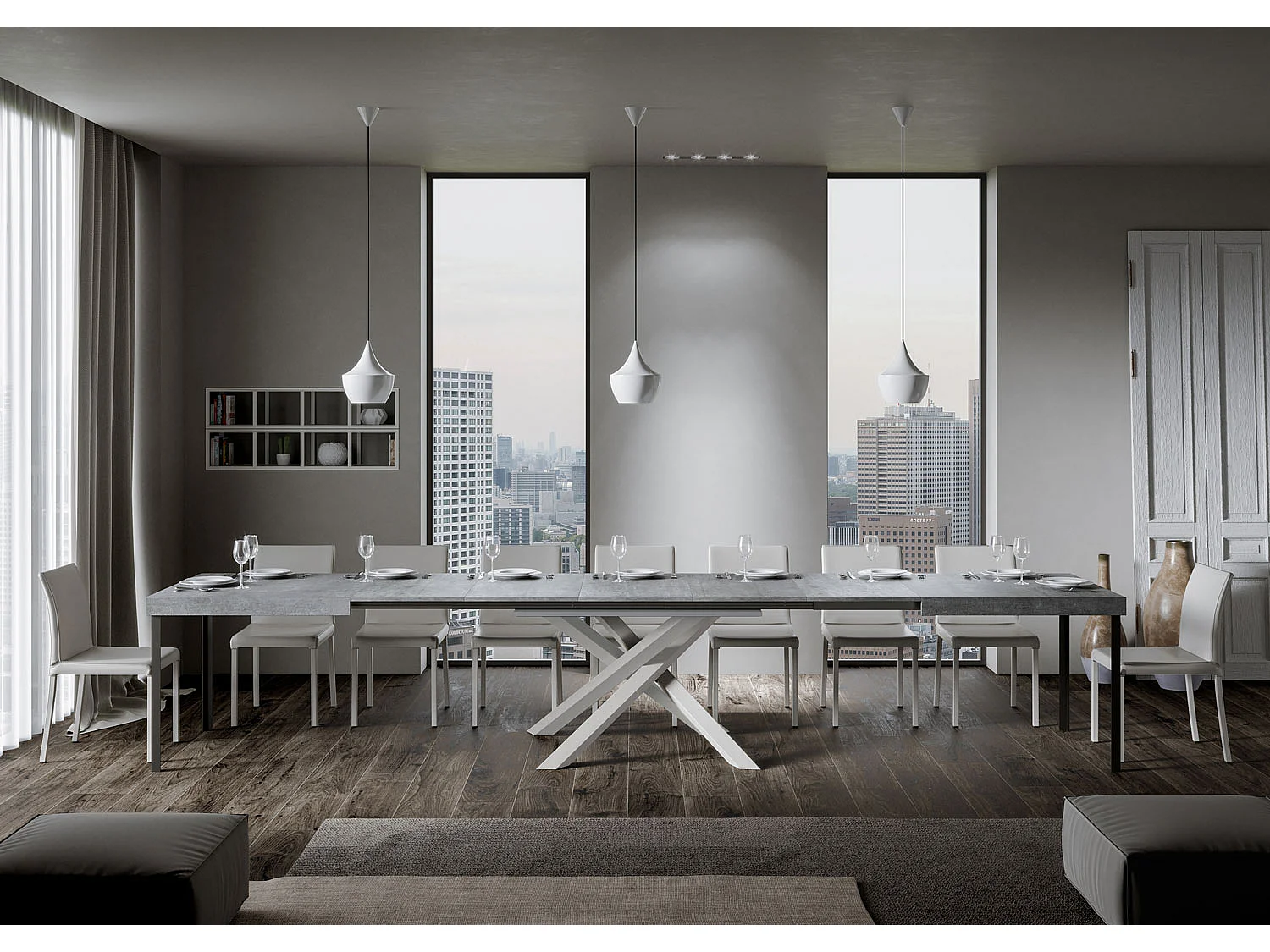 Tavolo allungabile 180/440x90 cm Volantis cemento gambe bianche