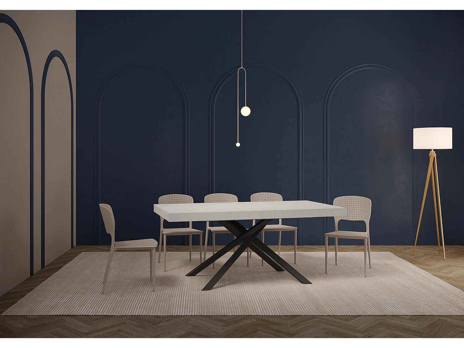 Table extensible 90x200/304cm Karida frêne blanc pieds anthracite