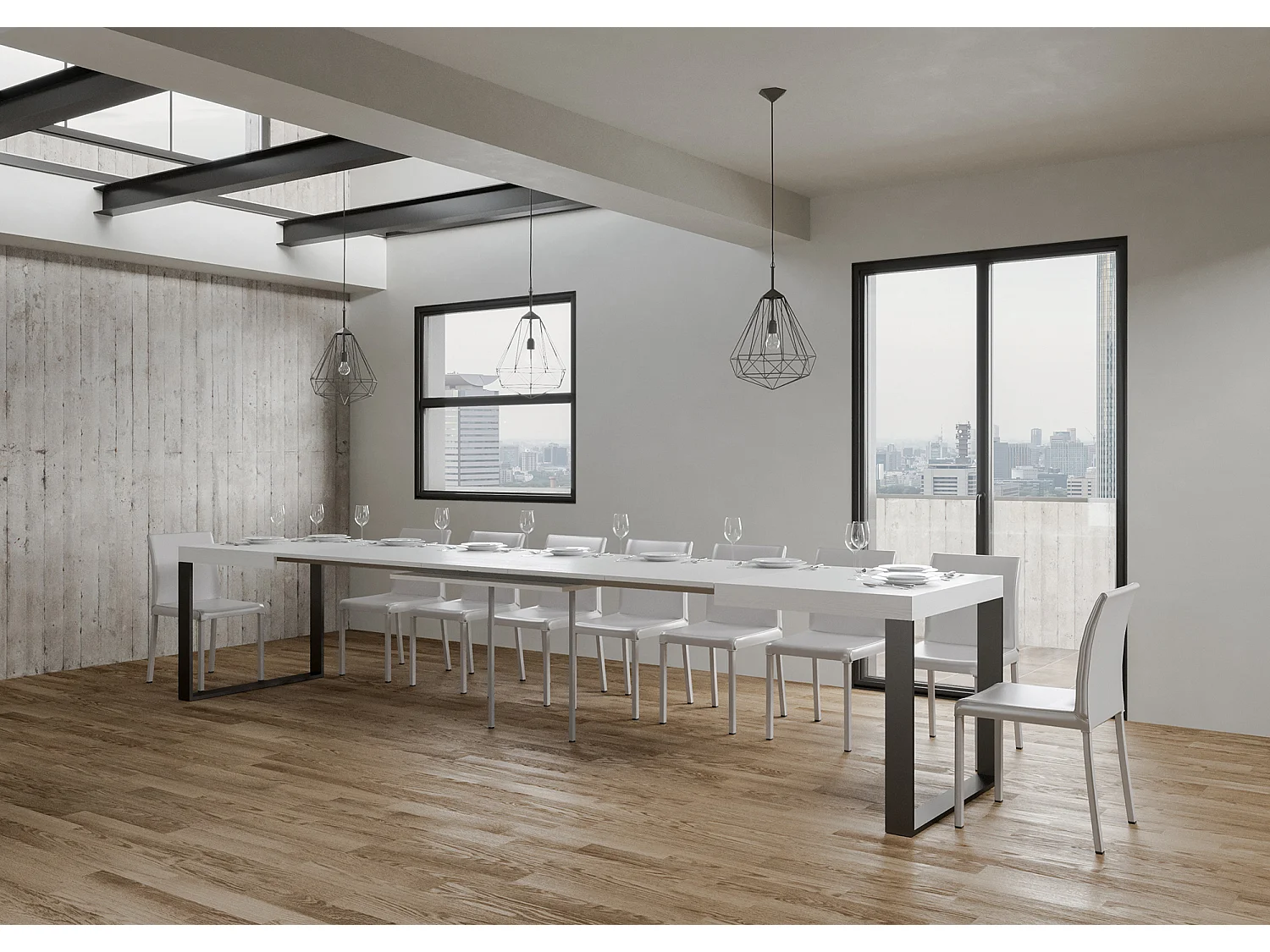 Table extensible 200/460x90 cm Tecno frêne blanc pieds anthracite