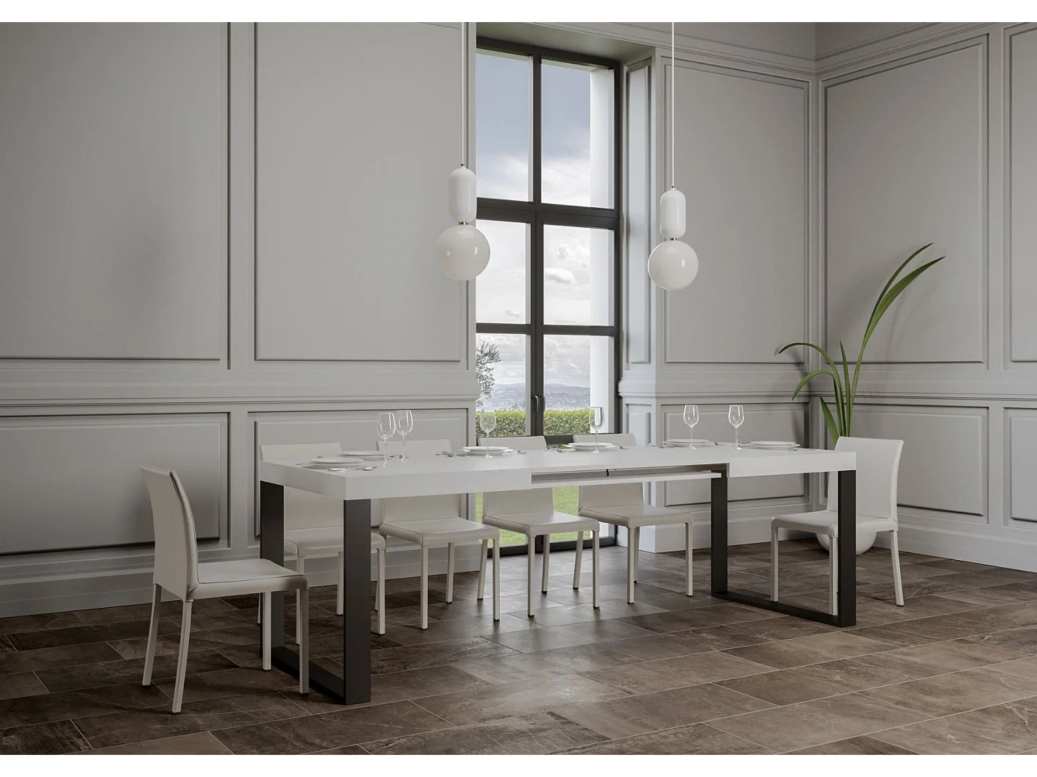 Udtræksbord 200/460x90 cm Tecno hvid ask med antracit ben